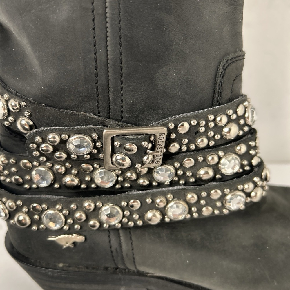 Sz 8 - ROCKET DOG Black Leather Silver Studded Rhinestone Buckle Biker Boots - Picture 11 of 15